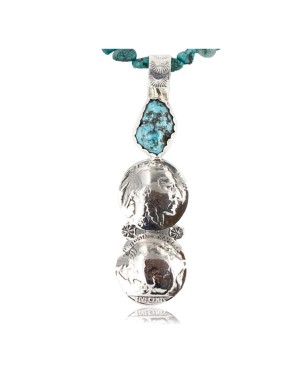 Vintage Style OLD Buffalo Coin Certified Authentic Navajo .925 Sterling Silver Turquoise Native American Necklace 390757764717
