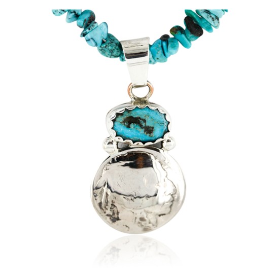 Vintage Style OLD Buffalo Nickel Certified Authentic Navajo .925 Sterling Silver Turquoise Native American Necklace 16022-2