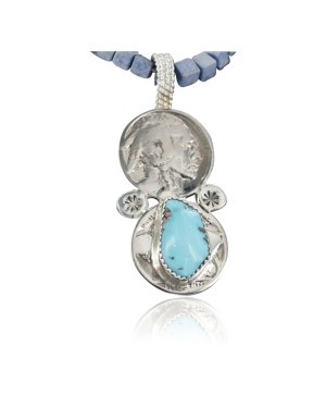 Vintage Style OLD Buffalo Nickel Certified Authentic Navajo .925 Sterling Silver Turquoise Native American Necklace 390679698991