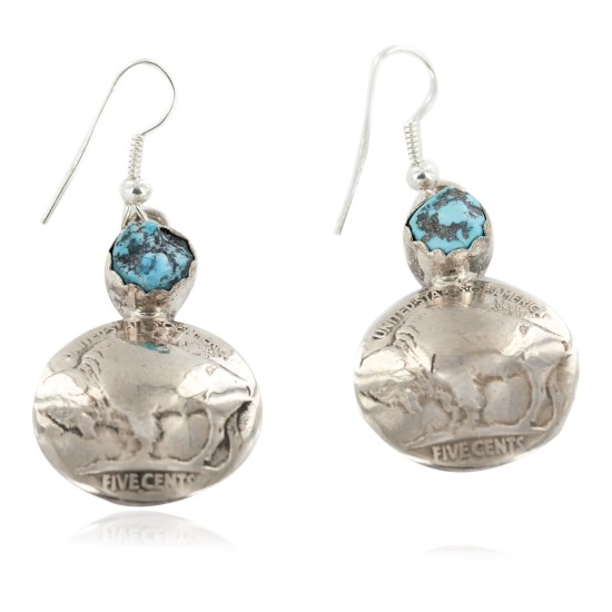 Vintage Style OLD Buffalo Nickel Coin Certified Authentic Navajo .925 Sterling Silver Natural Turquoise Dangle Earrings 18144