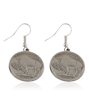 Vintage Style Old Certified Authentic Buffalo Nickel Coin Certified Authentic Navajo .925 Sterling Silver Native American Earrings 18176