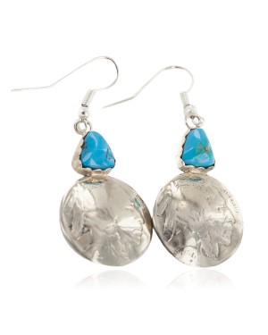 Vintage Style OLD Certified Authentic Buffalo Nickel Coin Certified Authentic Navajo .925 Sterling Silver Natural Turquoise Native American Earrings 18180
