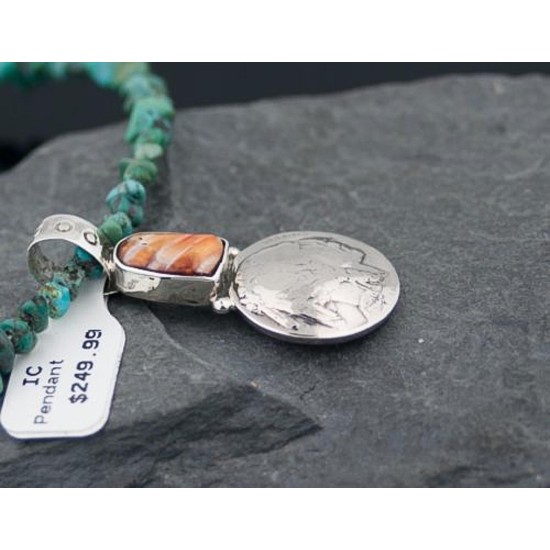 Vintage Style OLD Indian Head Certified Authentic Navajo .925 Sterling Silver Natural Turquoise and Spiny Oyster Native American Necklace 370815971774