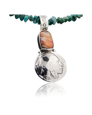 Vintage Style OLD Indian Head Certified Authentic Navajo .925 Sterling Silver Natural Turquoise and Spiny Oyster Native American Necklace 370815971774