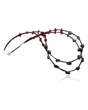 VINTAGECertified Authentic 2 Strand Navajo .925 Sterling Silver Natural Turquoise and Coral Native American Necklace 370843756295