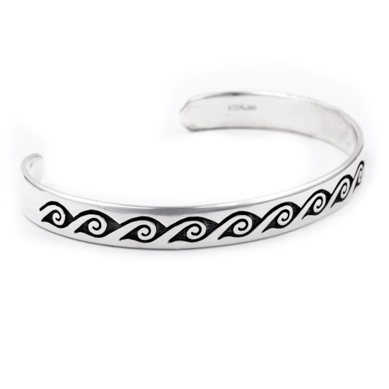 Waves Water, Prayers Feather .925 Sterling Silver Certified Authentic Handmade Traditional Hopi Native American Cuff Bracelet 13219