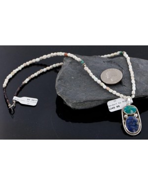 Handmade Certified Authentic Navajo .925 Sterling Silver Natural Lapis, Turquoise and White Howlite Native American Necklace & Pendant 390688899331