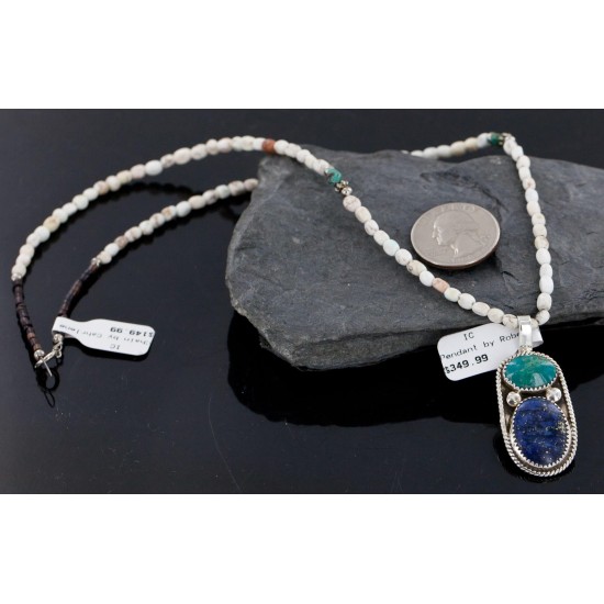Handmade Certified Authentic Navajo .925 Sterling Silver Natural Lapis, Turquoise and White Howlite Native American Necklace & Pendant 390688899331